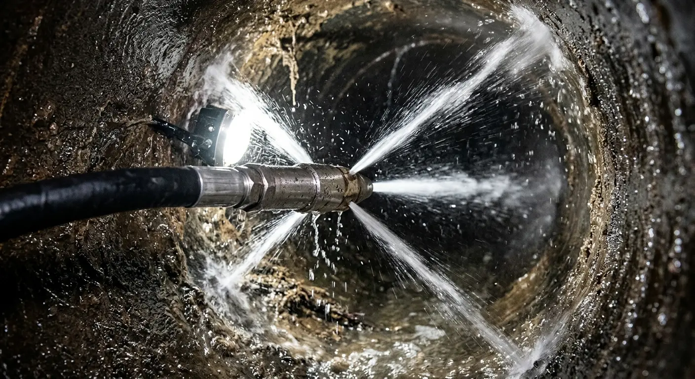 High-pressure hydro jetting nozzle cleaning sewer pipe for Sewer Cleanout in Rockwall