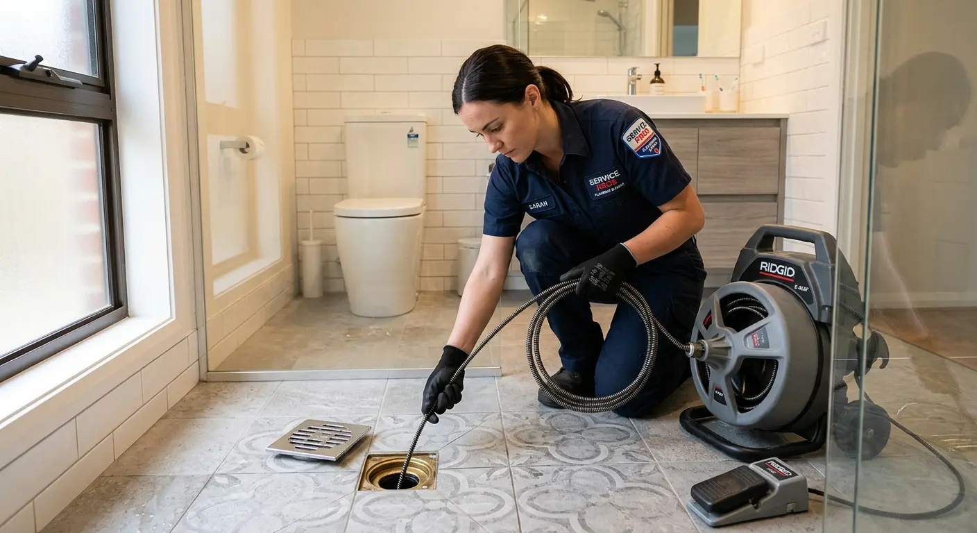 Technician clearing a bathroom floor drain for Drain Repair in Rockwall